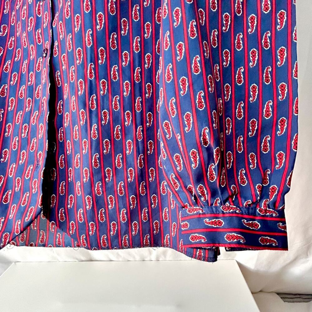 Vintage Paisley Blouse Puffy Sleeves Navy Red Silky Button Up Size Small - Picture 5 of 11